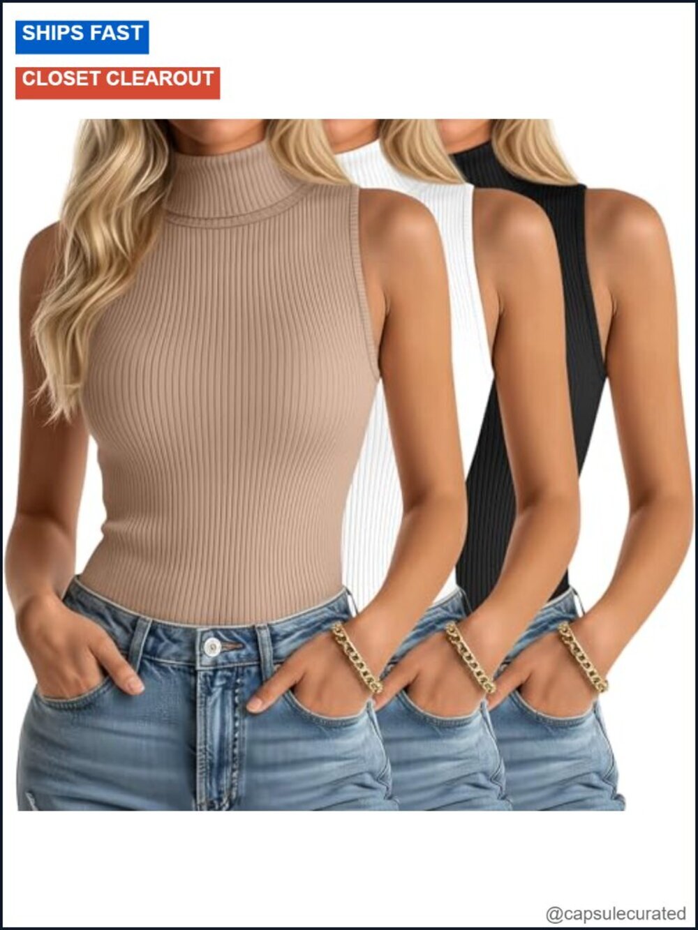 3 Pack Sleeveless Mock Turtleneck Tank Tops Ribbed Knit Slim Fitted Stretchy
